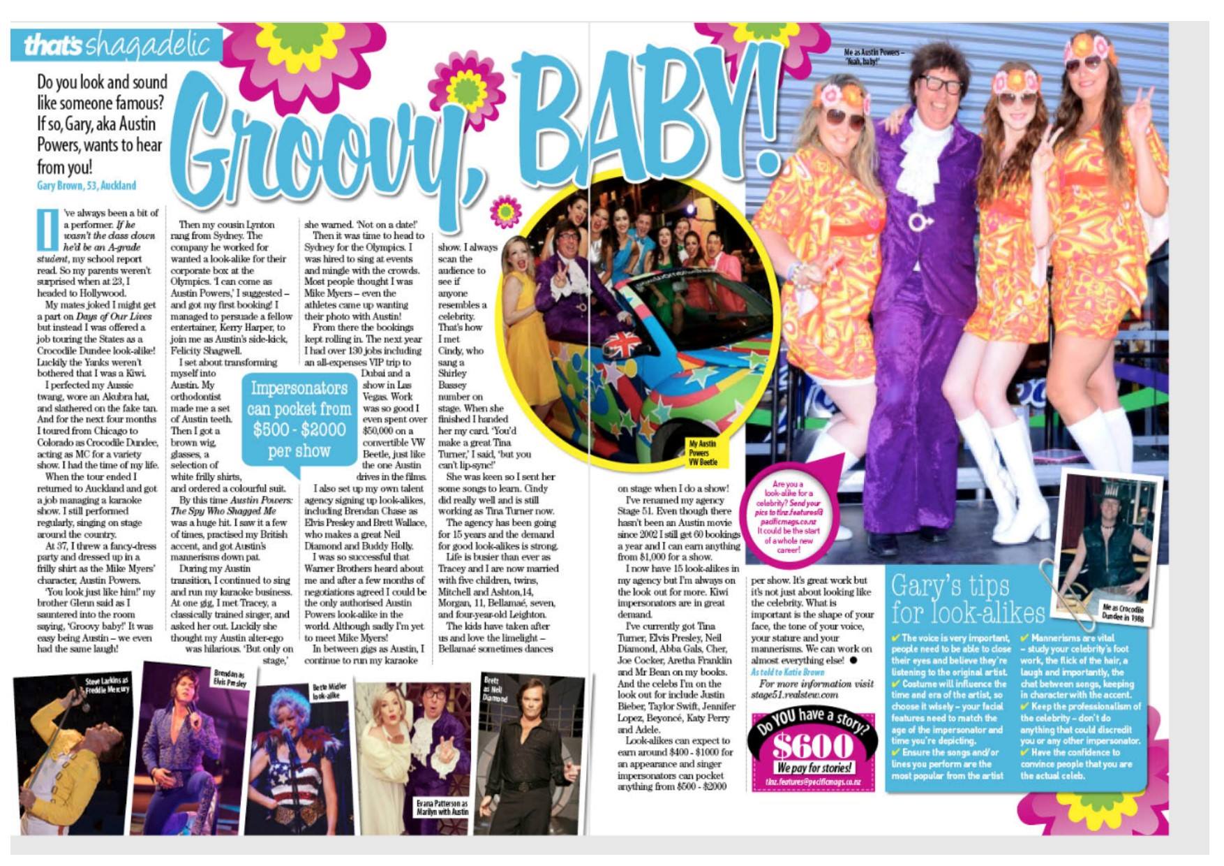 That's Life! magazine feature headlined Groovy Baby about Gary Brown as the authorised Austin Powers impersonator, with photos of Gary in costume and his Austin Powers VW Beetle
