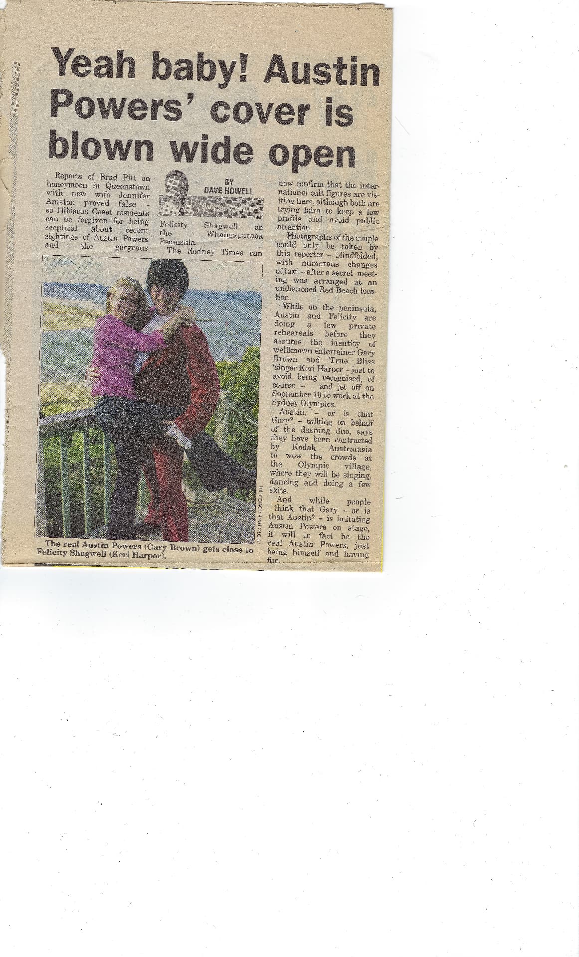 The Rodney Times newspaper clipping headlined Yeah baby! Austin Powers' cover is blown wide open, featuring Gary Brown and Keri Harper in character