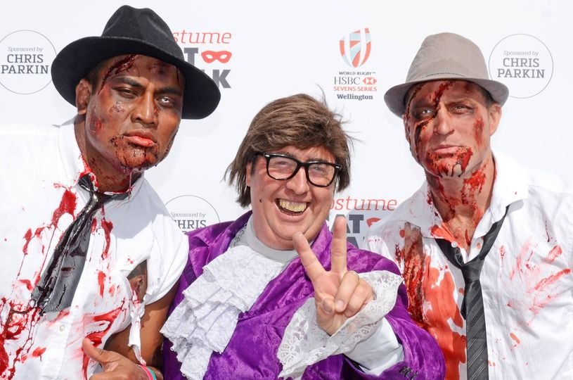 Austin Powers with two zombie-costumed fans at the HSBC World Rugby Sevens in Wellington