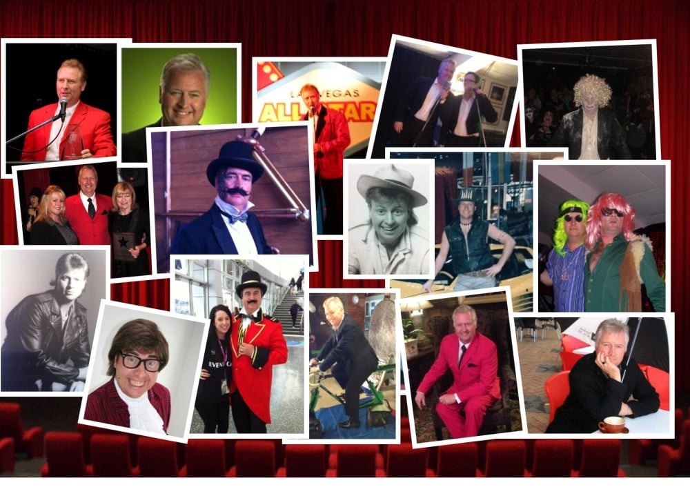 Montage of Gary Brown in many different stage costumes and characters