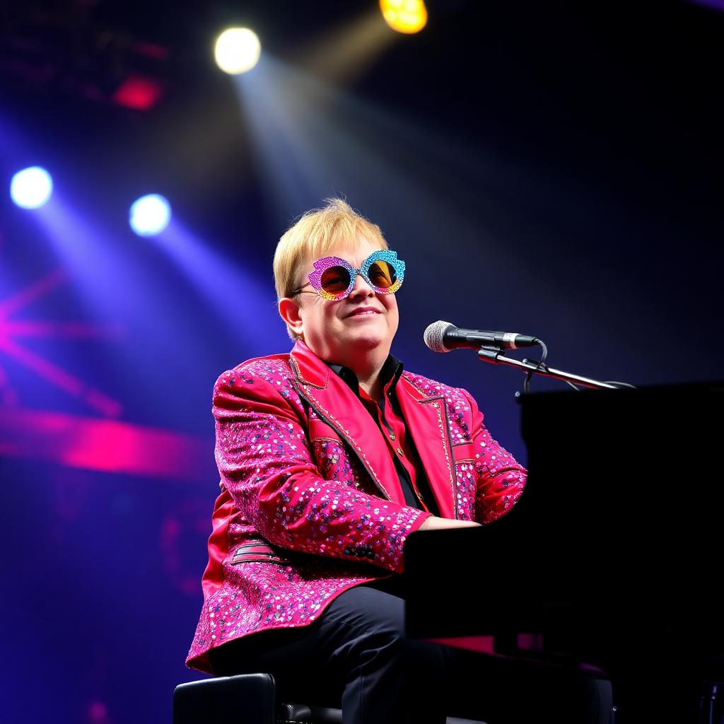 Elton John tribute artist in sparkly glasses at a grand piano under stage lights