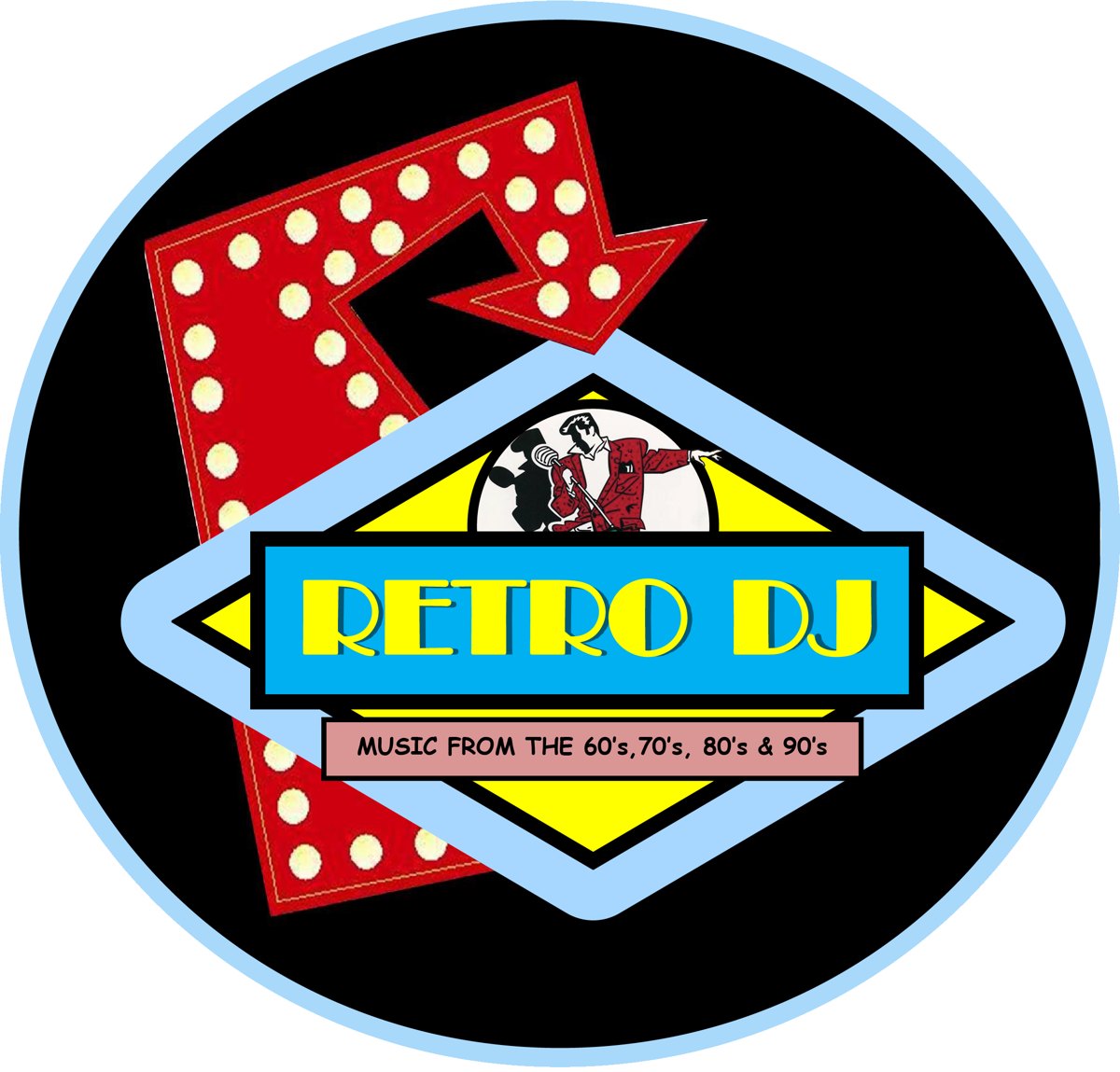 Retro DJ logo badge for music from the 60s, 70s, 80s and 90s