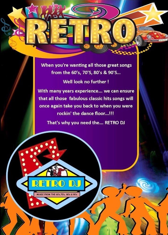 Retro DJ flyer with bright 70s lettering