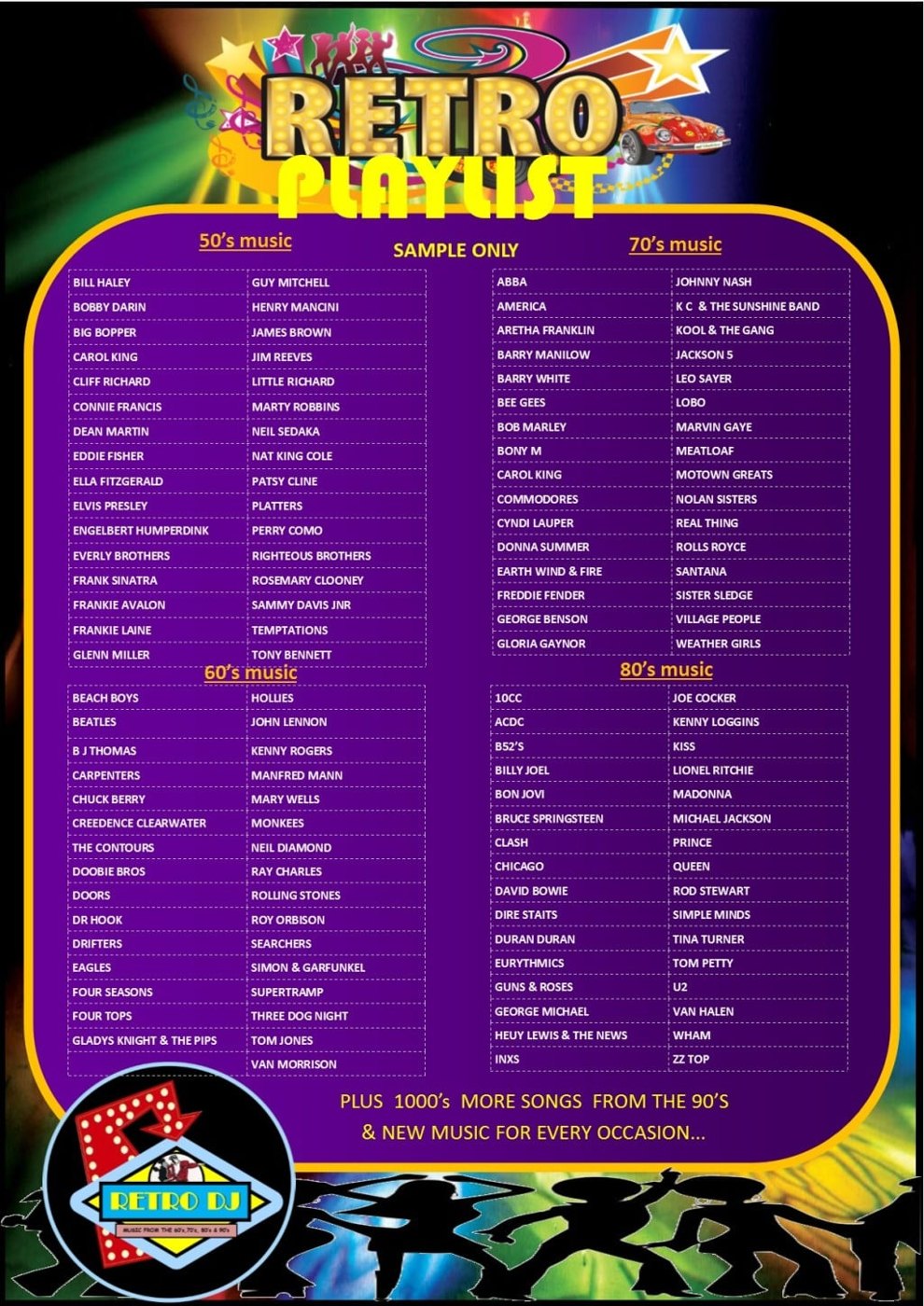 Retro DJ playlist sheet listing sample tracks from the 60s to the 90s