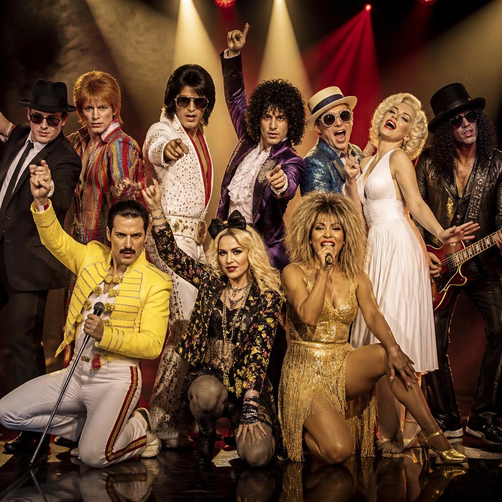 Line-up of costumed tribute performers posing energetically on a spotlit stage