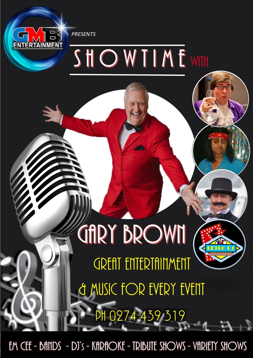 Showtime with Gary Brown poster featuring a chrome microphone