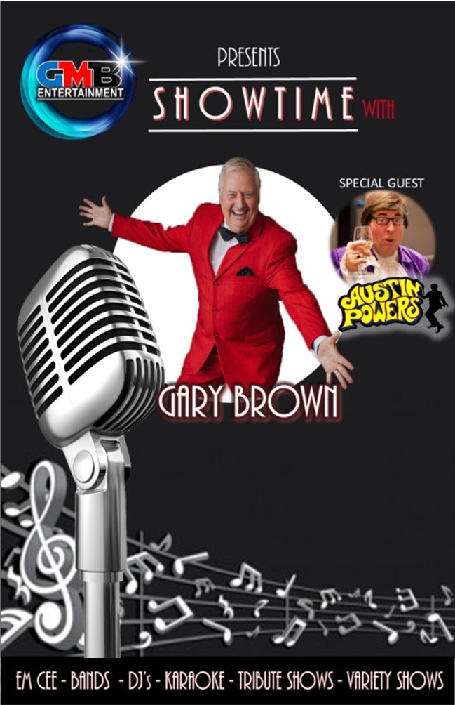 Showtime with Gary Brown poster with a chrome microphone